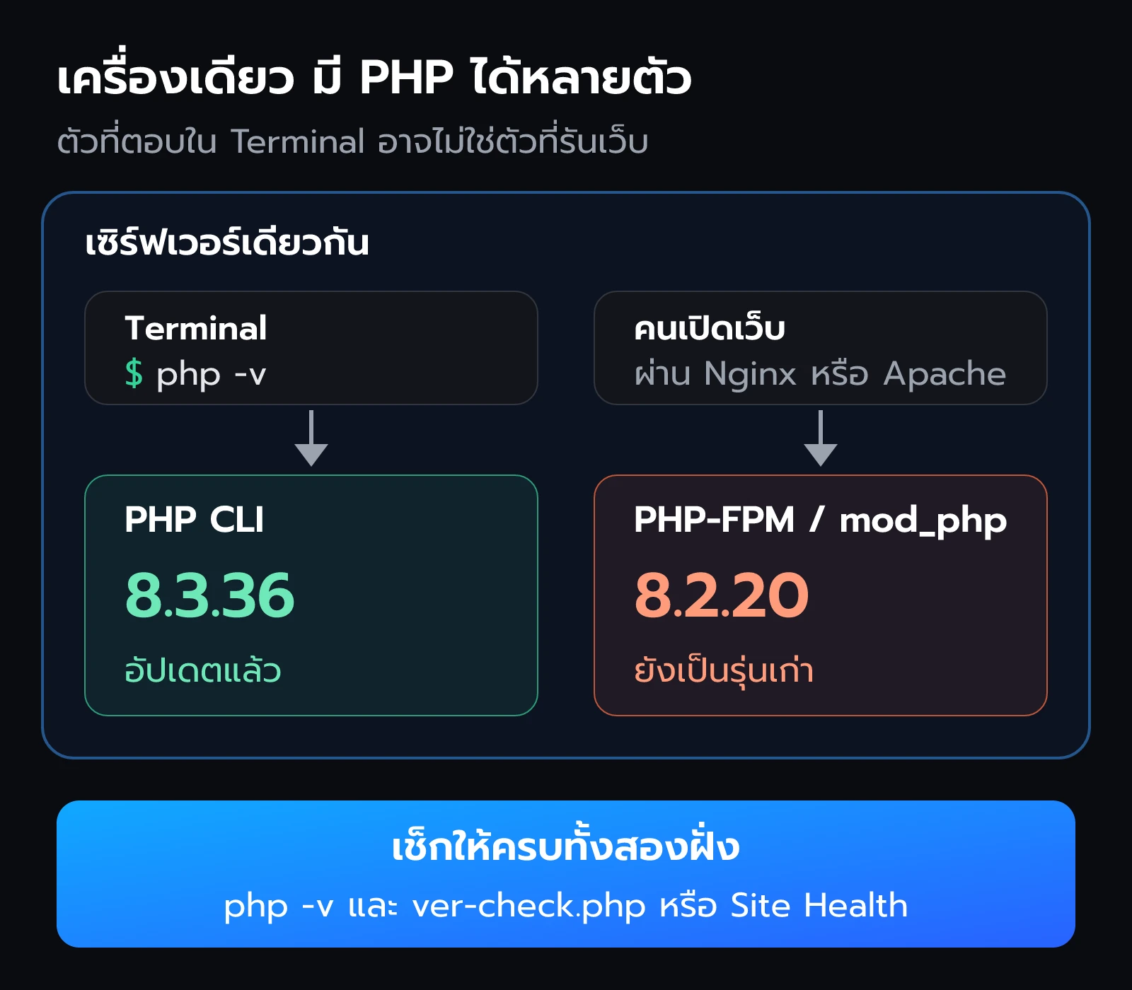 PHP ในเครื่องเดียวกันมีได้หลายตัว Terminal ใช้ PHP CLI ส่วนเว็บใช้ PHP-FPM ที่อาจเป็นคนละรุ่น
